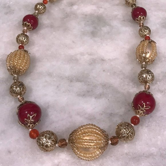 CAROLEE Statement Red and Gold Beaded Necklace with semi-precious accents - Picture 1 of 6